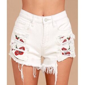 Blanknyc Women's White Distressed Shorts with Floral Embroidery